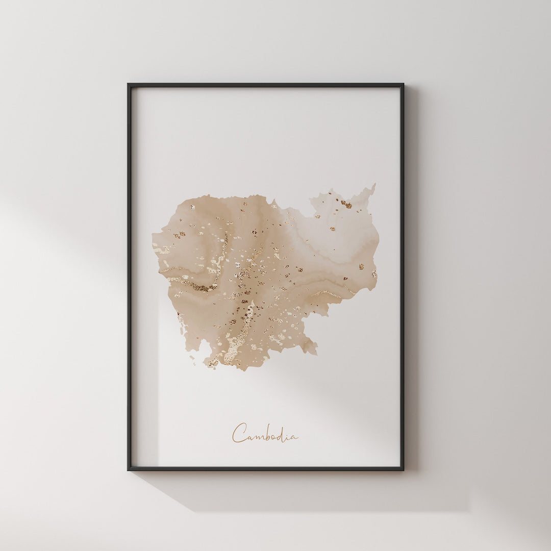 Cambodia Map Beige & Gold Wall Art Print