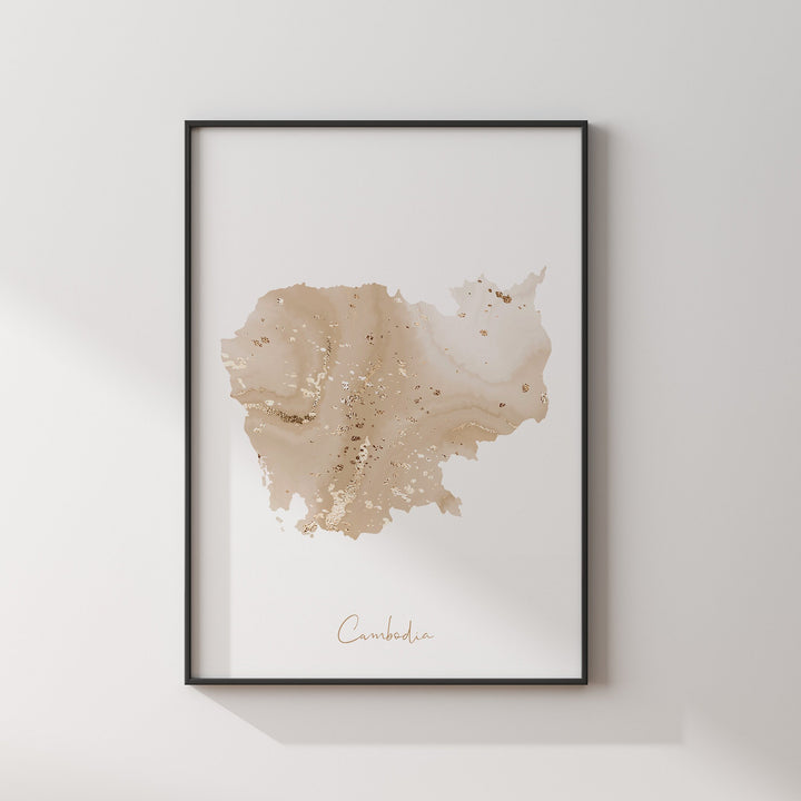 Cambodia Map Beige & Gold Wall Art Print
