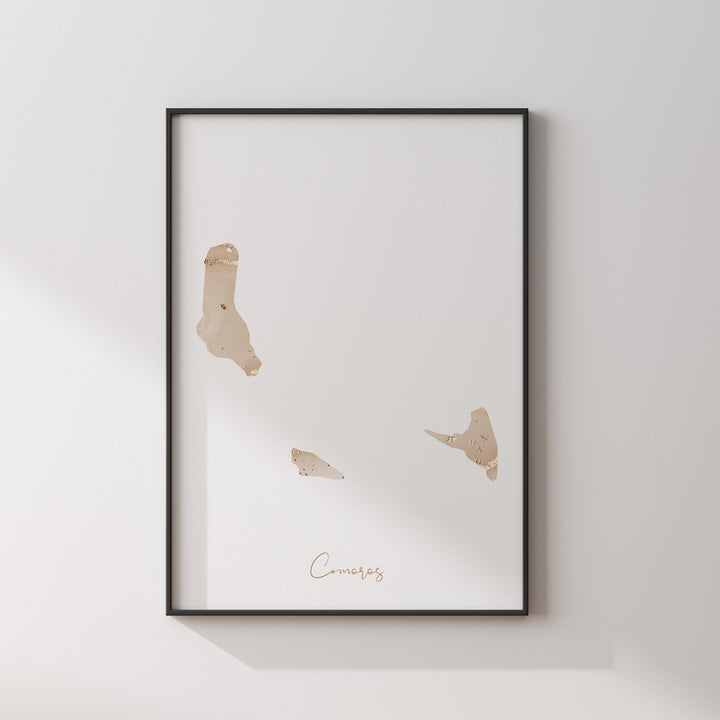 Comoros Map Beige & Gold Wall Art Print