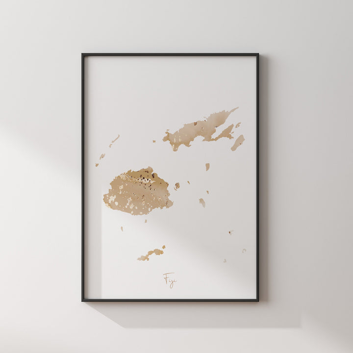 Fiji Map Beige & Gold Wall Art Print