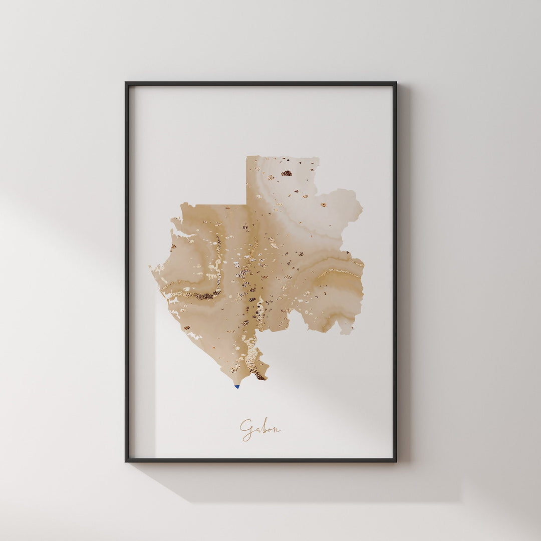 Gabon Map Beige & Gold Wall Art Print