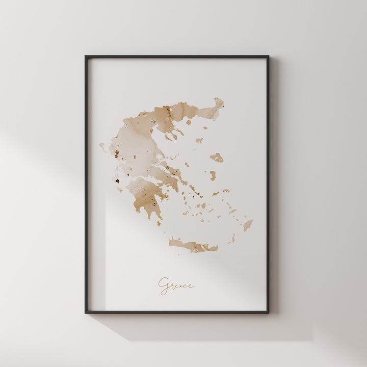 Greece Map Beige & Gold Wall Art Print
