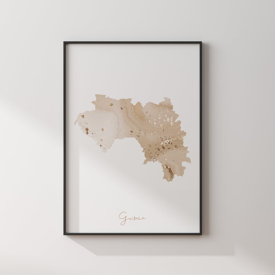 Guinea Map Beige & Gold Wall Art Print
