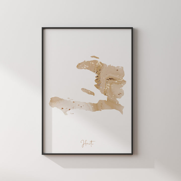Haiti Map Beige & Gold Wall Art Print