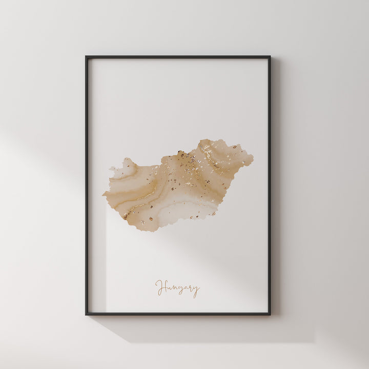 Hungary Map Beige & Gold Wall Art Print