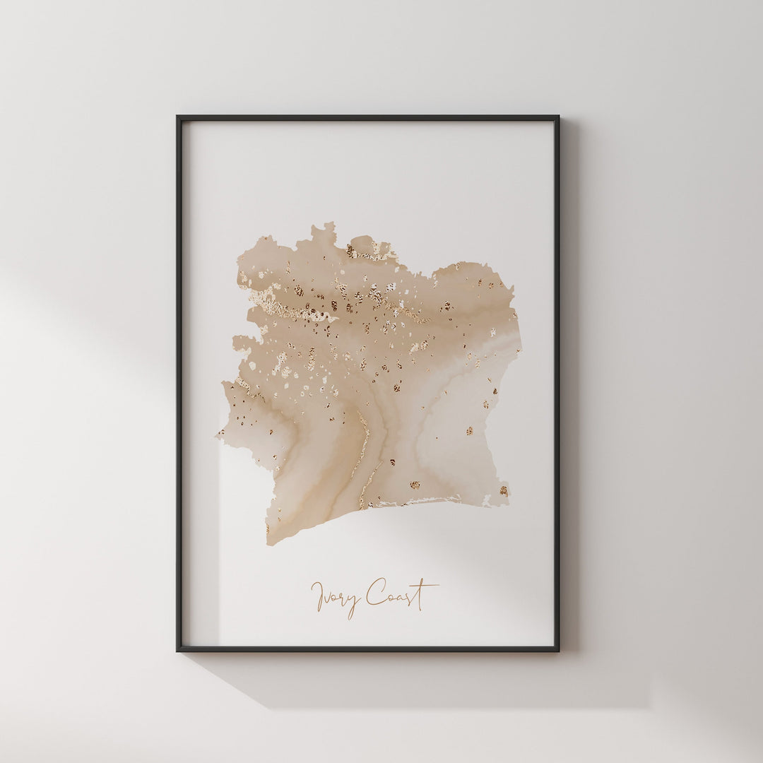 Ivory Coast Map Beige & Gold Wall Art Print