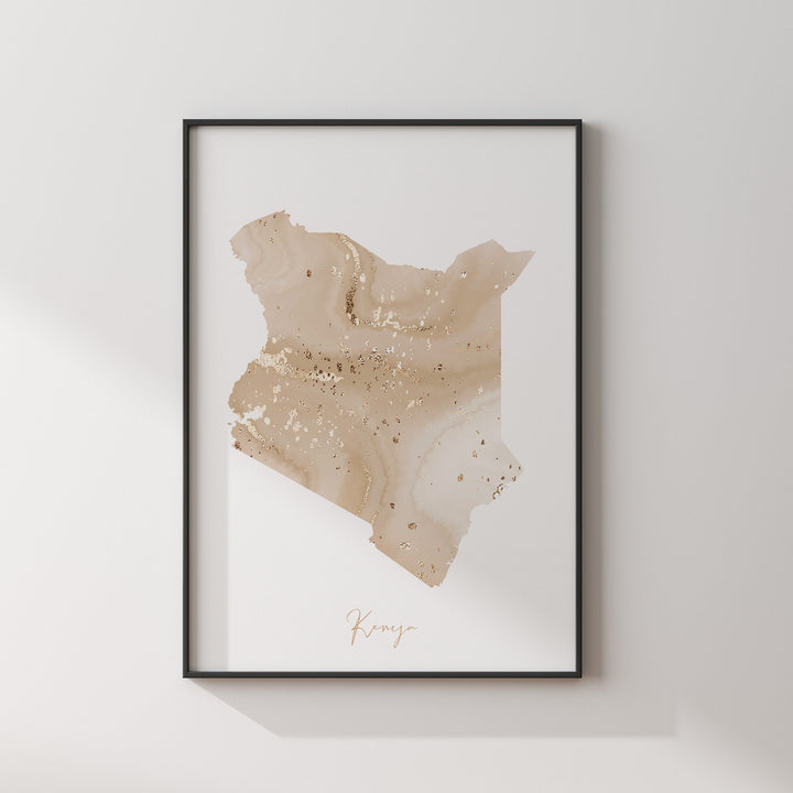 Kenya Map Beige & Gold Wall Art Print