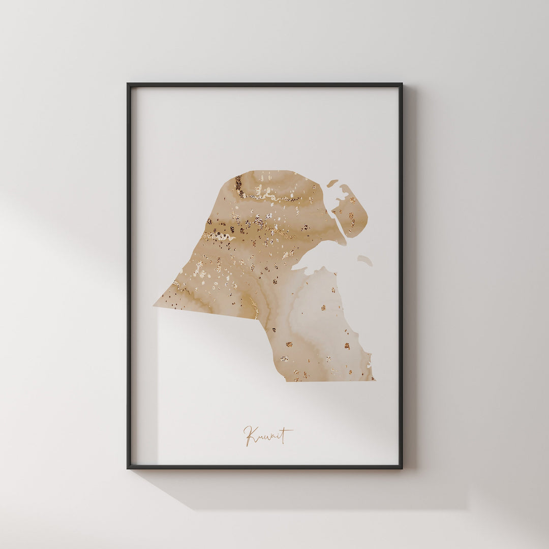 Kuwait Map Beige & Gold Wall Art Print