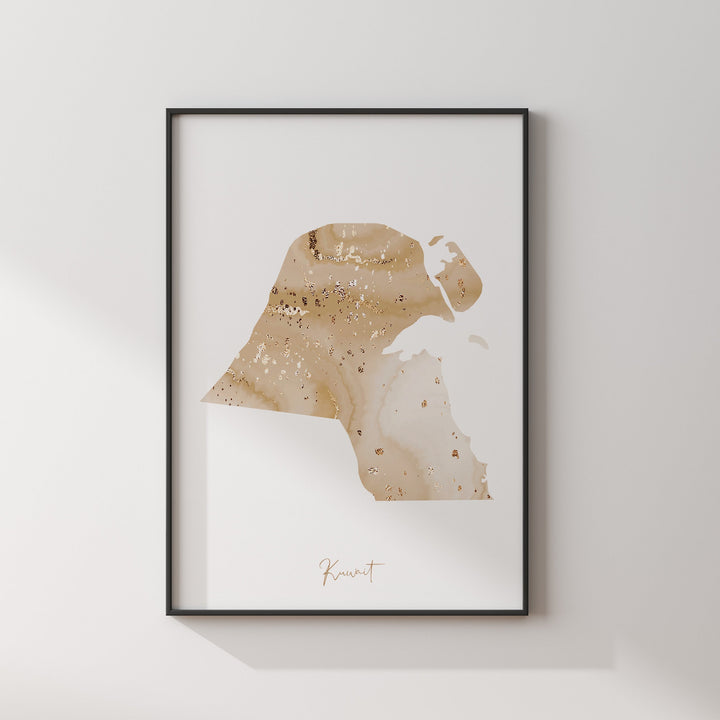 Kuwait Map Beige & Gold Wall Art Print