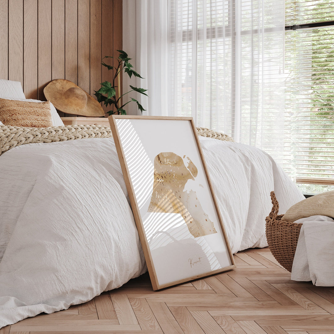 Kuwait Map Beige & Gold Wall Art Print