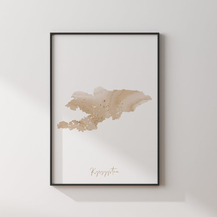 Kyrgyzstan Map Beige & Gold Wall Art Print