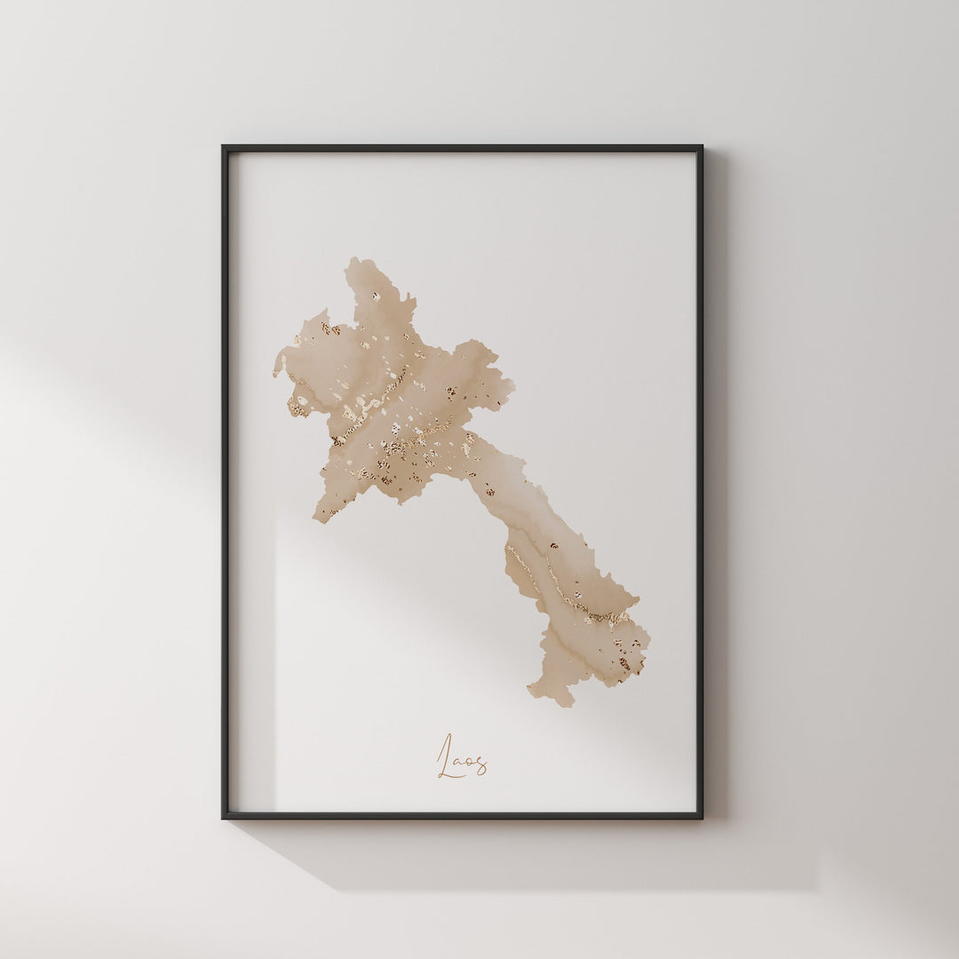 Laos Map Beige & Gold Wall Art Print