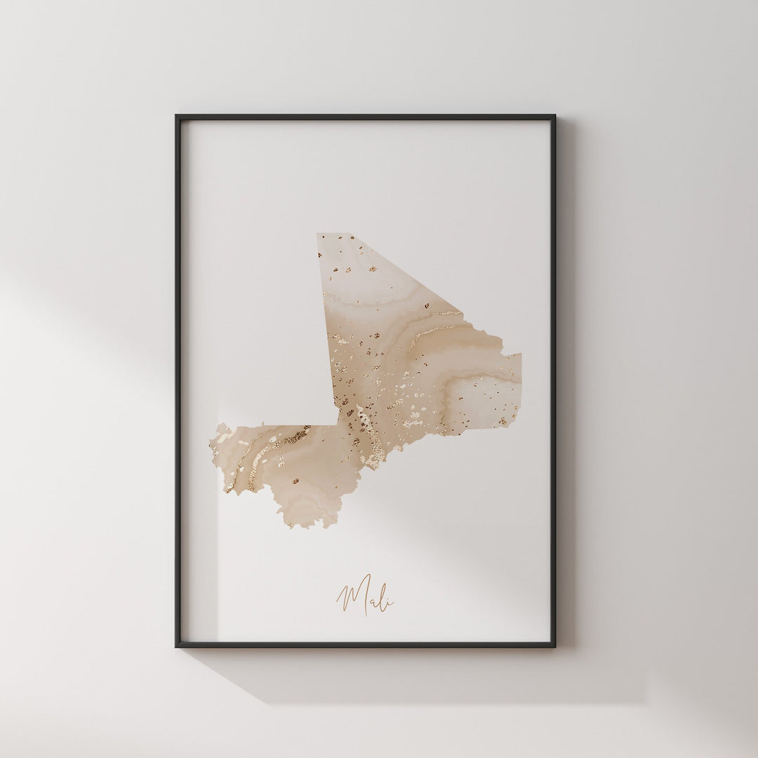 Mali Map Beige & Gold Wall Art Print