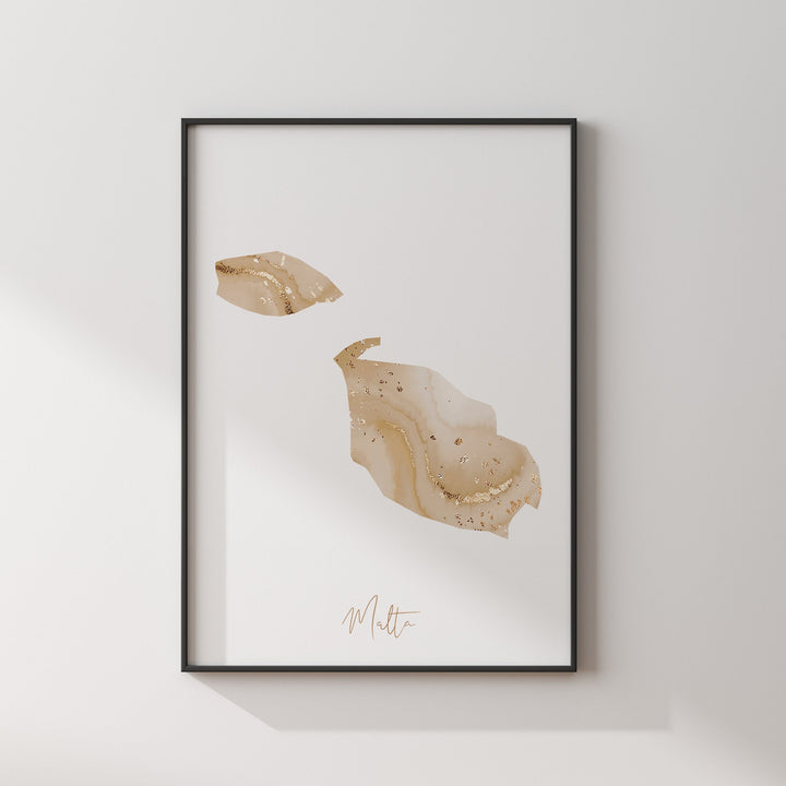Malta Map Beige & Gold Wall Art Print