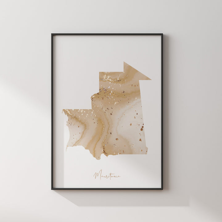 Mauritania Map Beige & Gold Wall Art Print