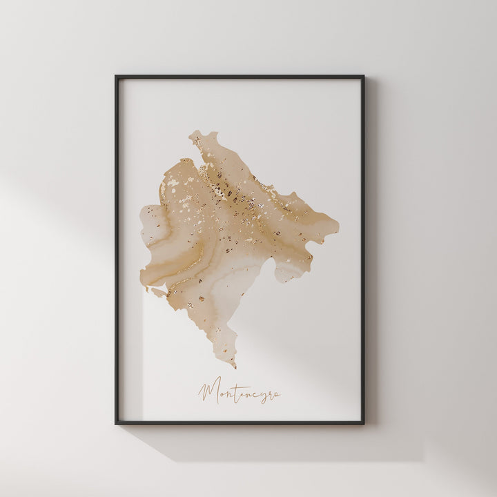 Montenegro Map Beige & Gold Wall Art Print