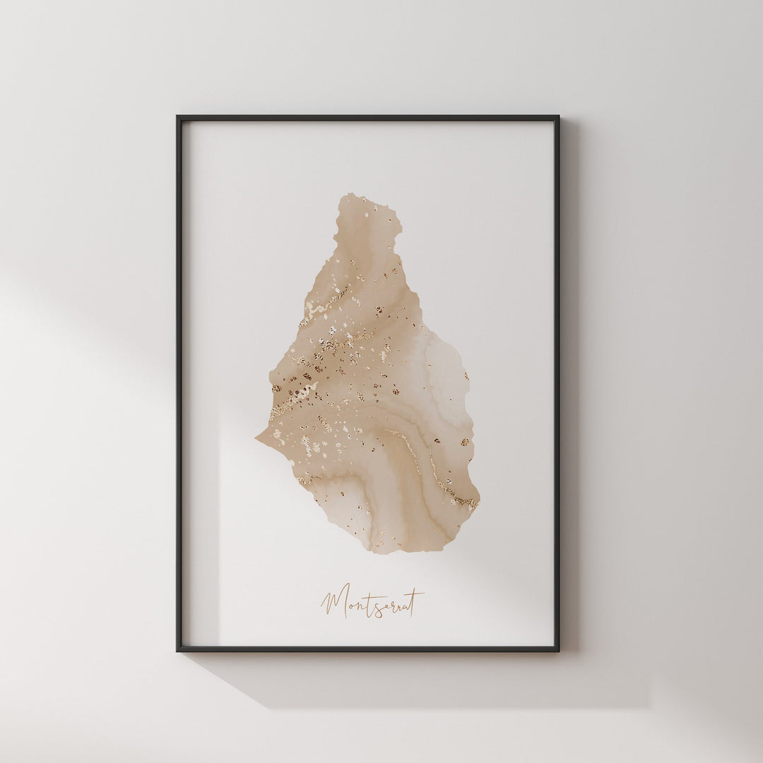 Montserrat Map Beige & Gold Wall Art Print