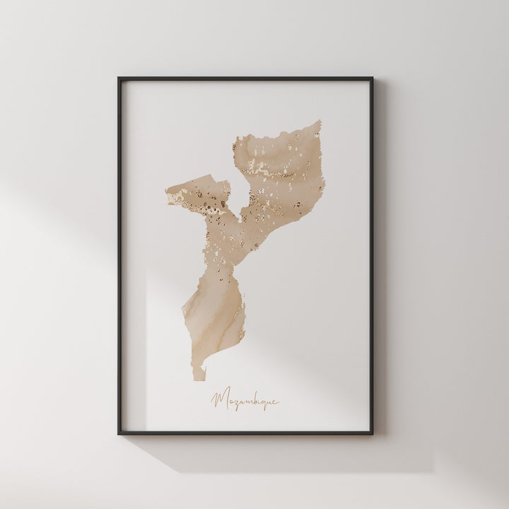 Mozambique Map Beige & Gold Wall Art Print