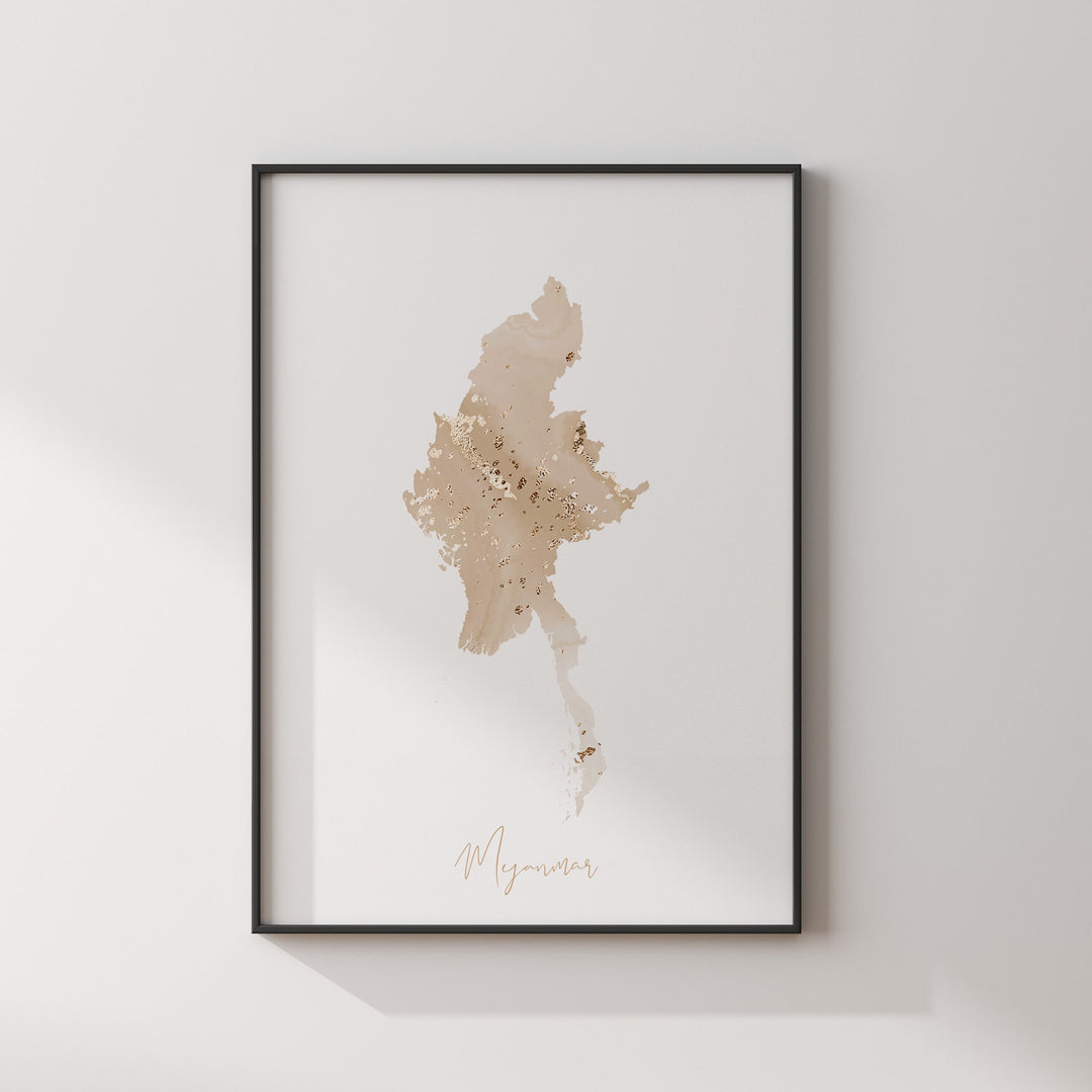 Myanmar Map Beige & Gold Wall Art Print