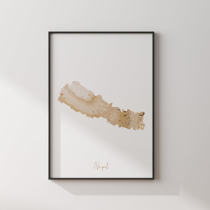 Nepal Map Beige & Gold Wall Art Print