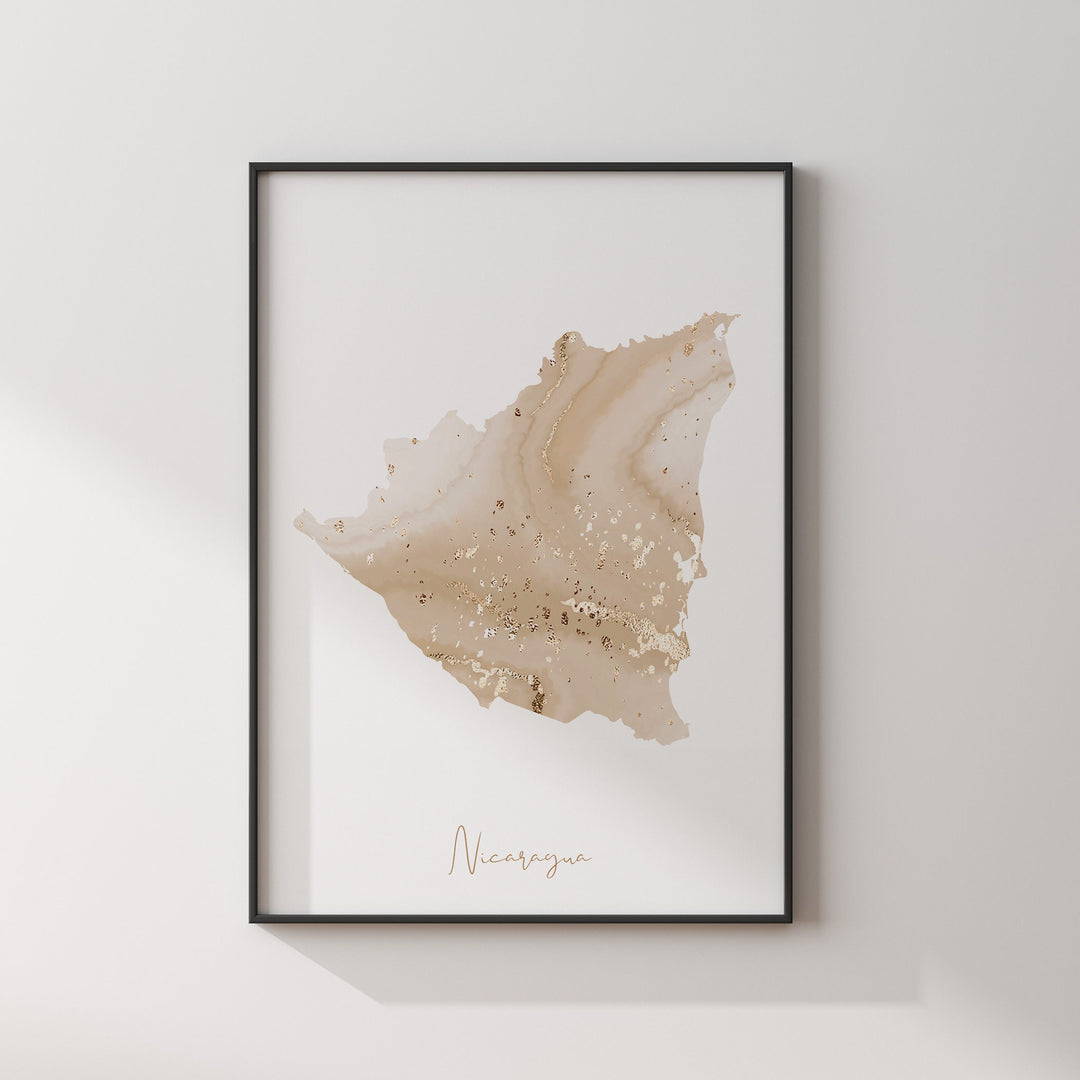 Nicaragua Map Beige & Gold Wall Art Print