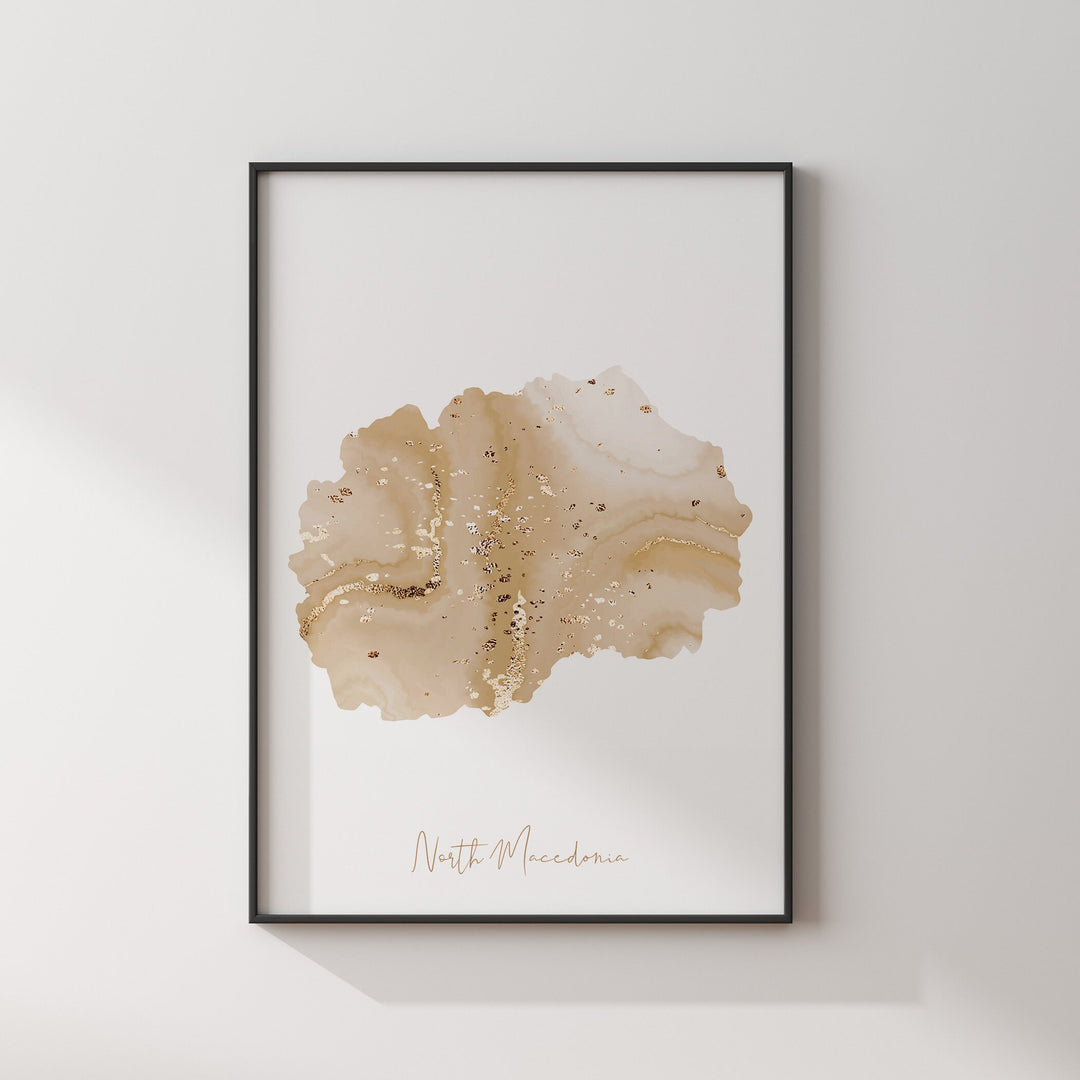 North Macedonia Map Beige & Gold Wall Art Print