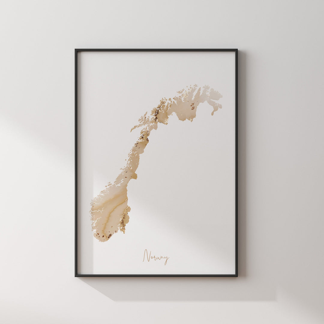 Norway Map Beige & Gold Wall Art Print