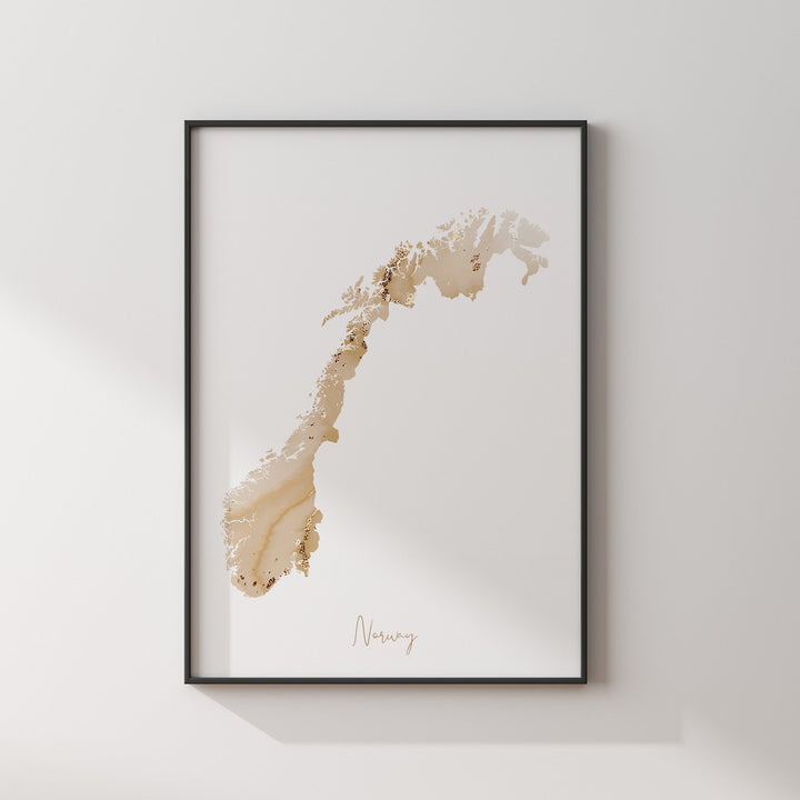 Norway Map Beige & Gold Wall Art Print