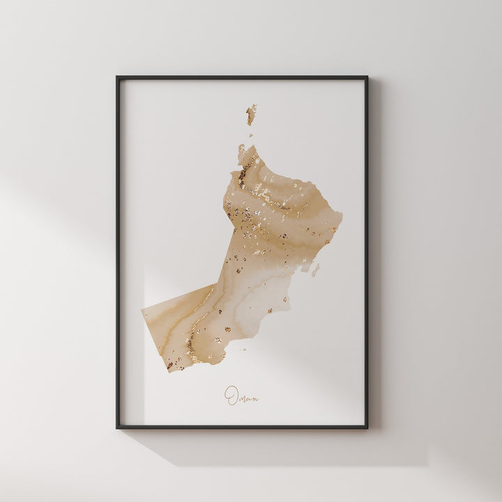 Oman Map Beige & Gold Wall Art Print