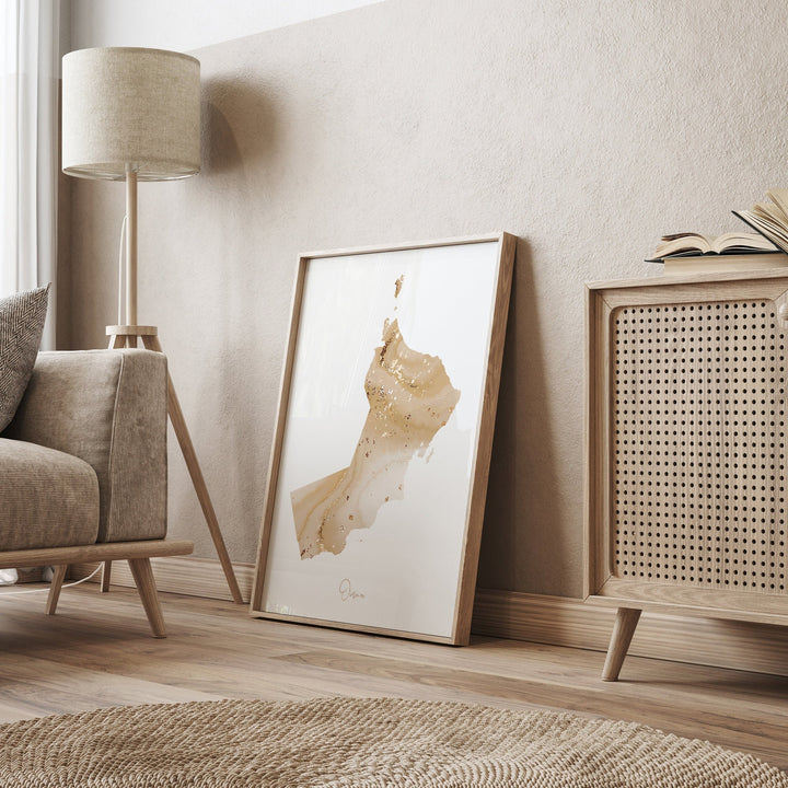 Oman Map Beige & Gold Wall Art Print