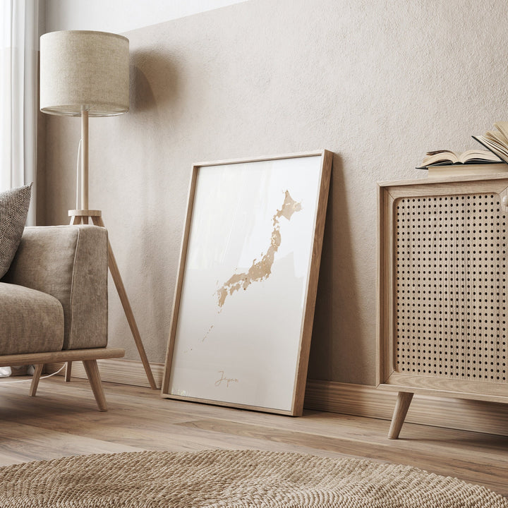 Japan Map Beige & Gold Wall Art Print