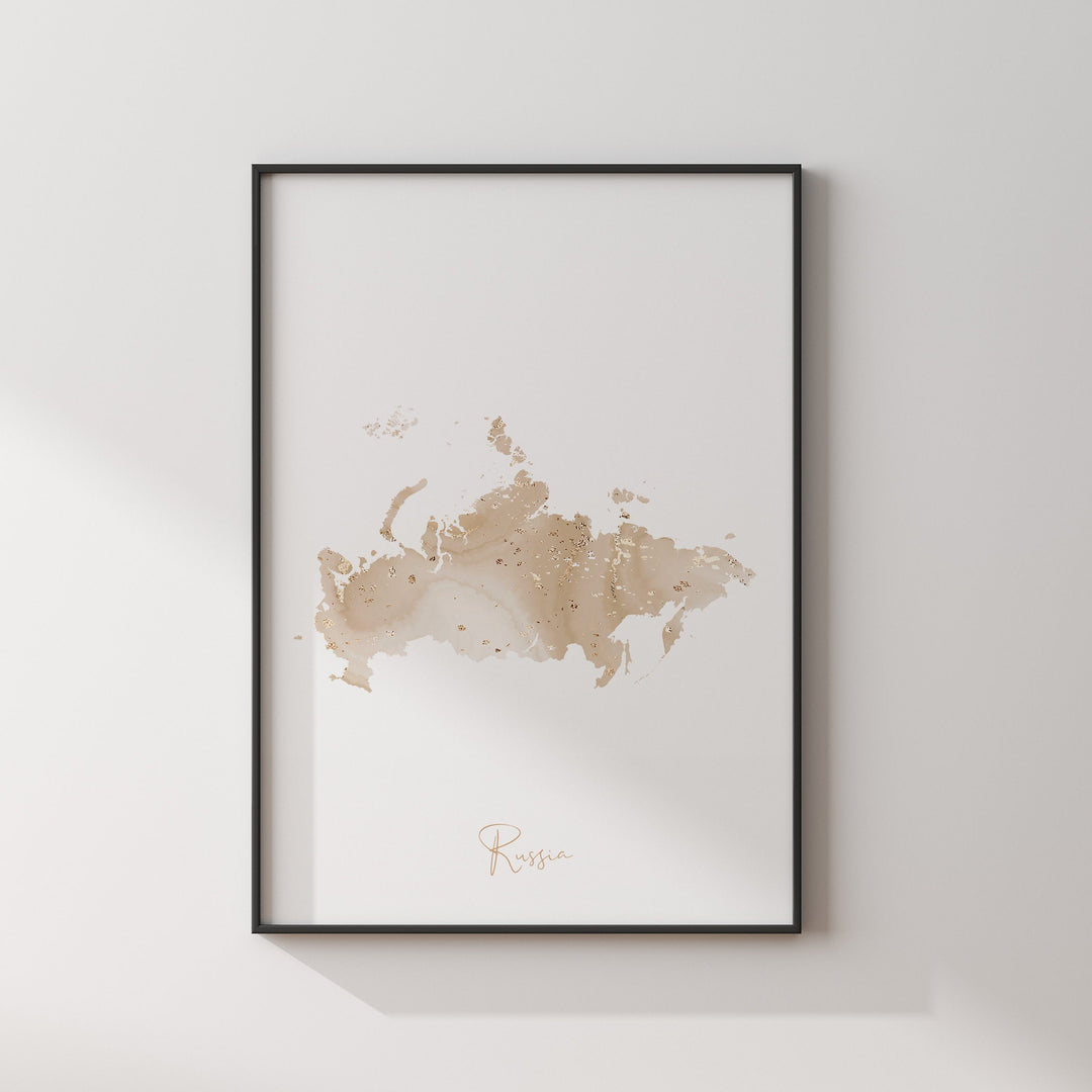 Russia Map Beige & Gold Wall Art Print