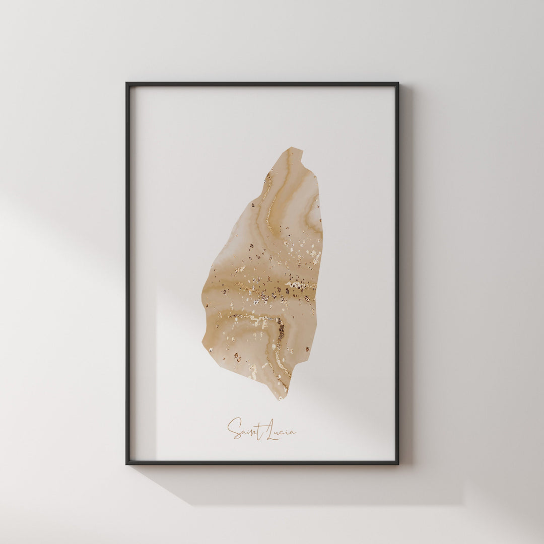 Saint Lucia Map Beige and Gold Wall Art Print