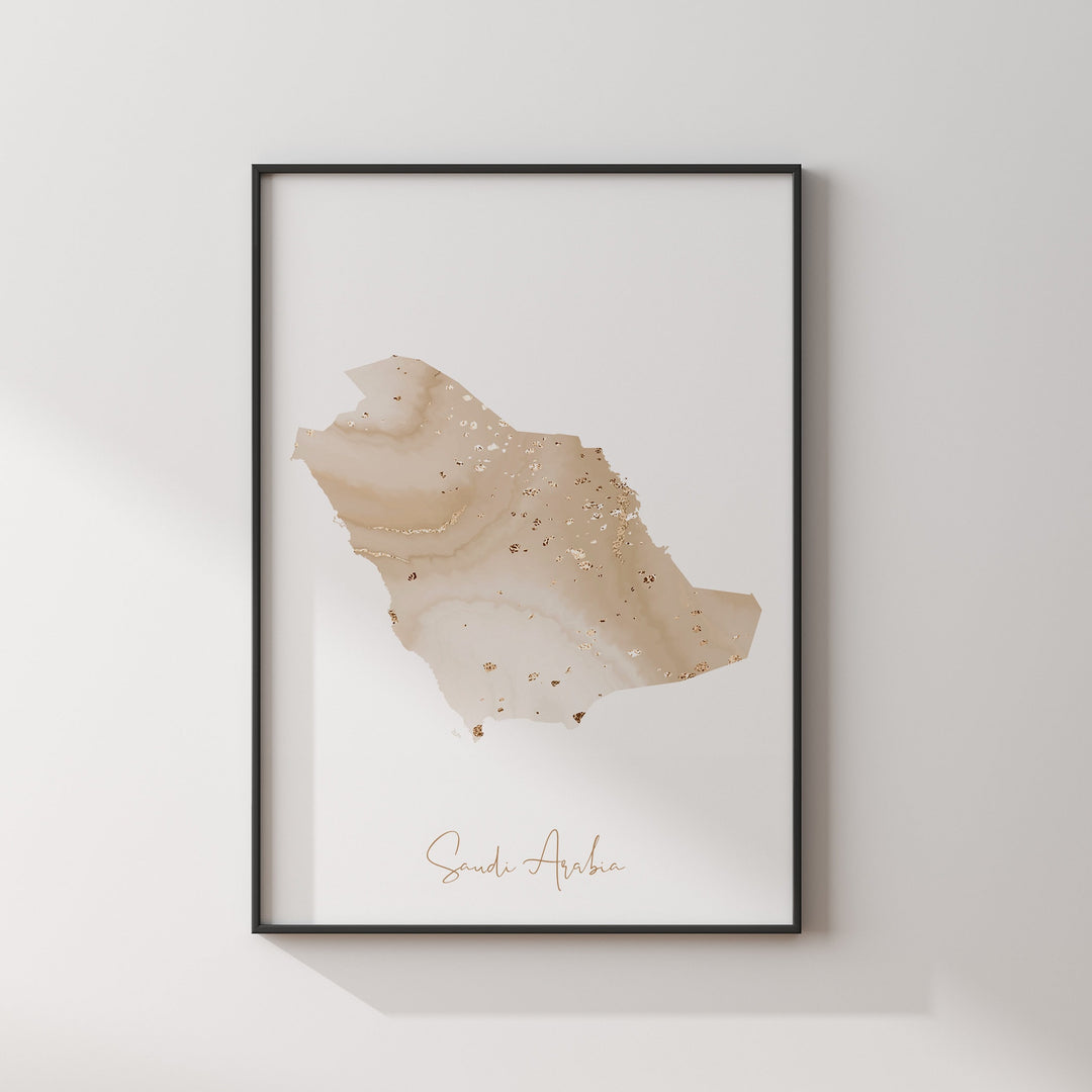 Saudi Arabia Map Beige and Gold Wall Art Print