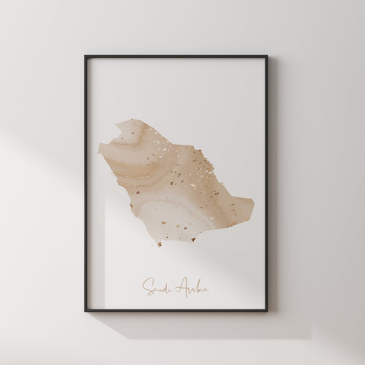 Saudi Arabia Map Beige and Gold Wall Art Print