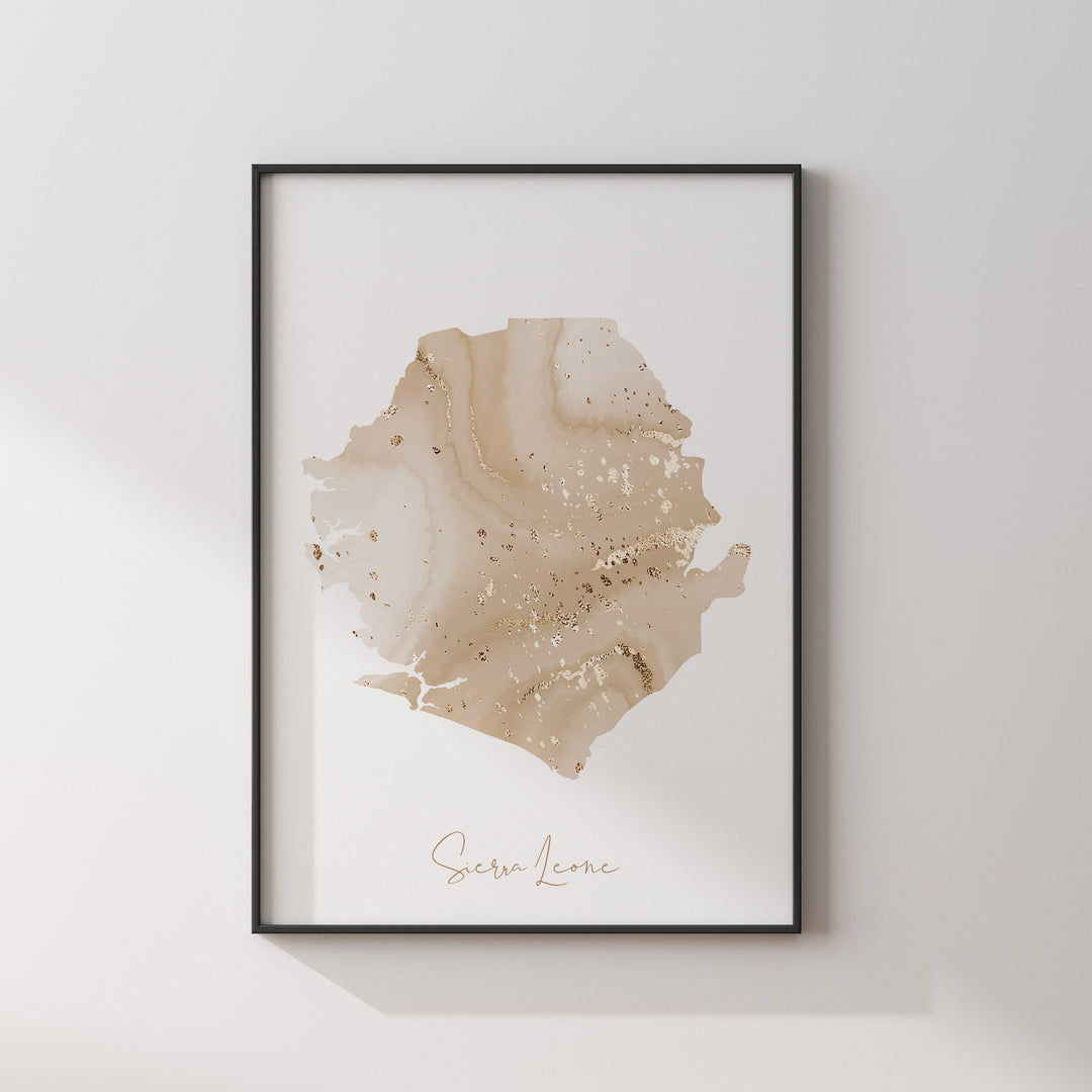 Sierra Leone Map Beige and Gold Wall Art Print