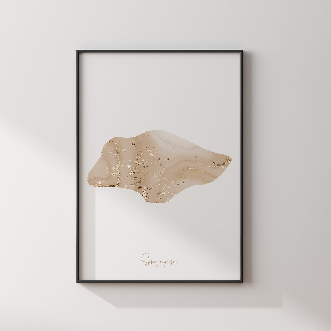 Singapore Map Beige and Gold Wall Art Print