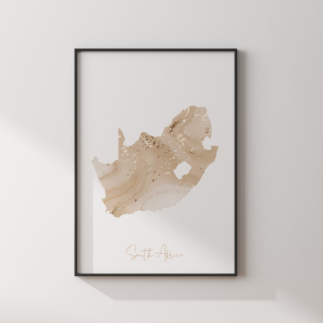 South Africa Map Beige and Gold Wall Art Print