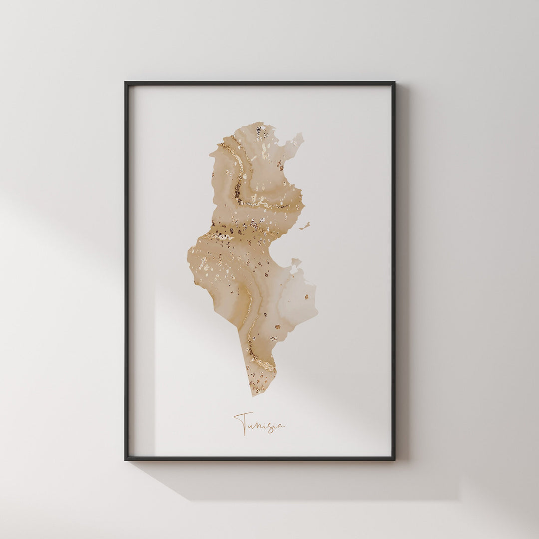 Tunisia Map Beige and Gold Wall Art Print