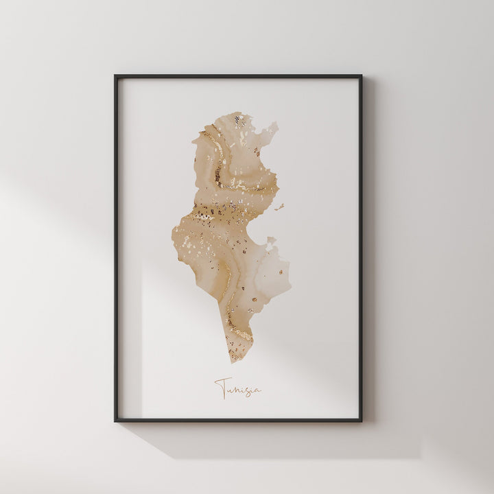 Tunisia Map Beige and Gold Wall Art Print