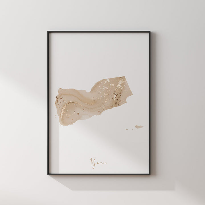 Yemen Map Beige and Gold Wall Art Print