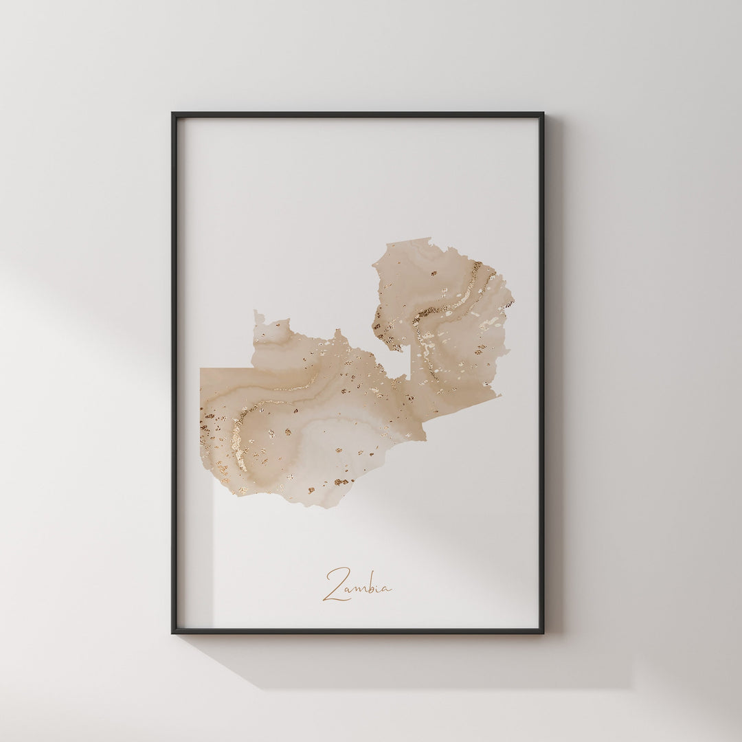 Zambia Map Beige and Gold Wall Art Print