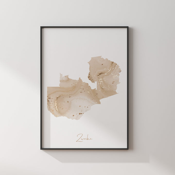Zambia Map Beige and Gold Wall Art Print