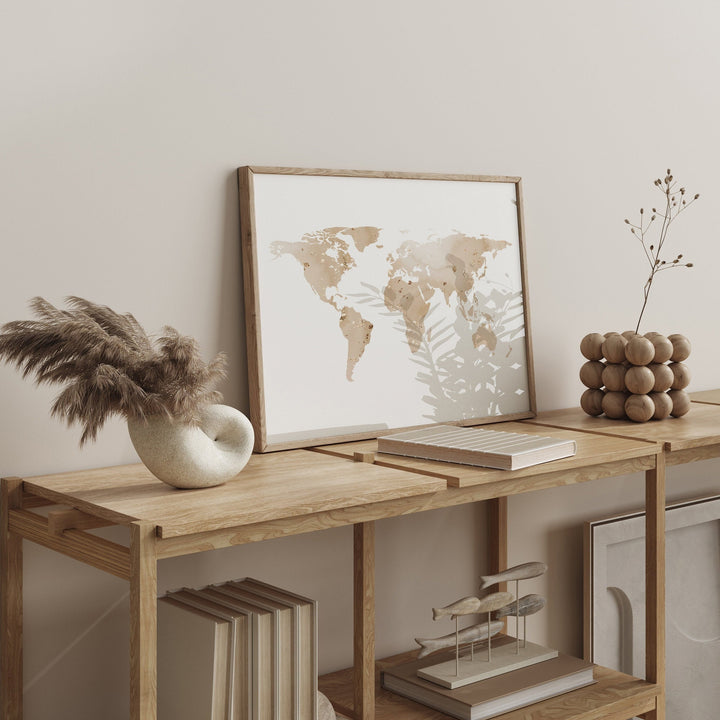 World Map Beige and Gold Wall Art Print | Map of The World