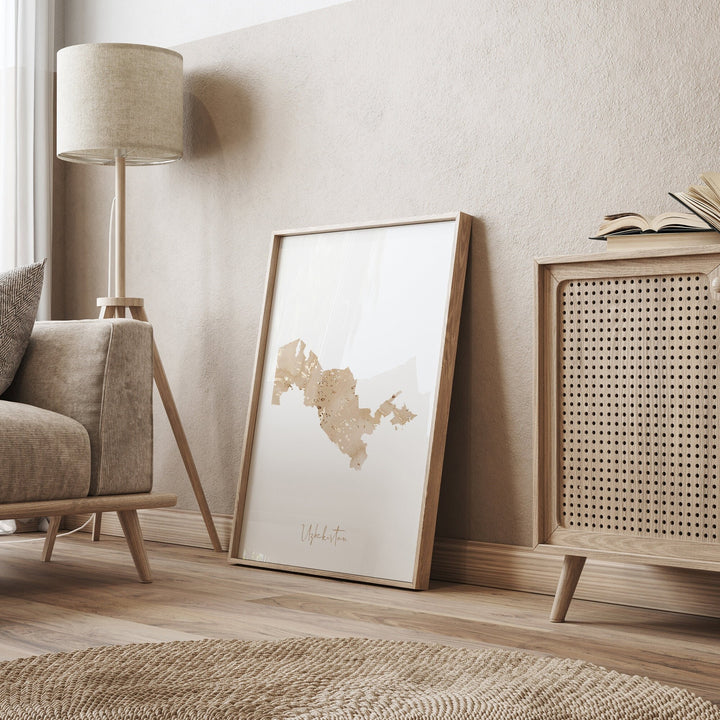 Uzbekistan Map Beige and Gold Wall Art Print