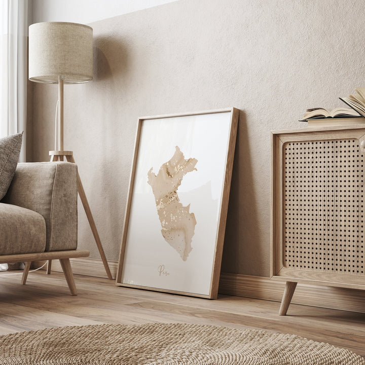 Peru Map Beige & Gold Wall Art Print