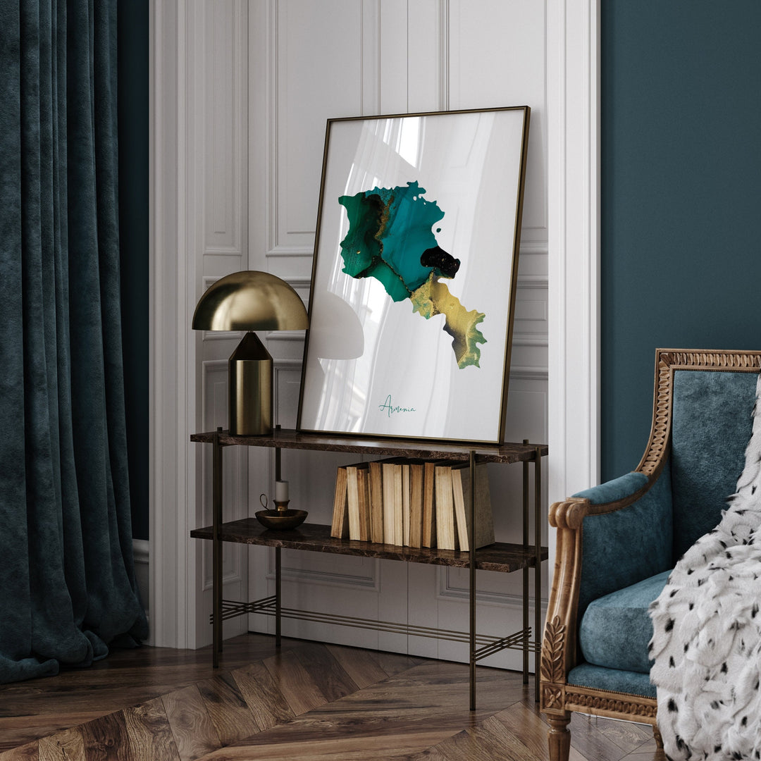 Armenia Map Emerald Green and Gold Wall Art Print