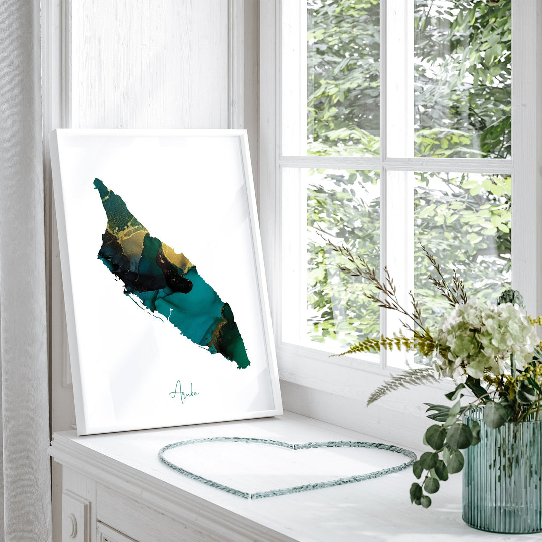Aruba Map Emerald Green and Gold Wall Art Print