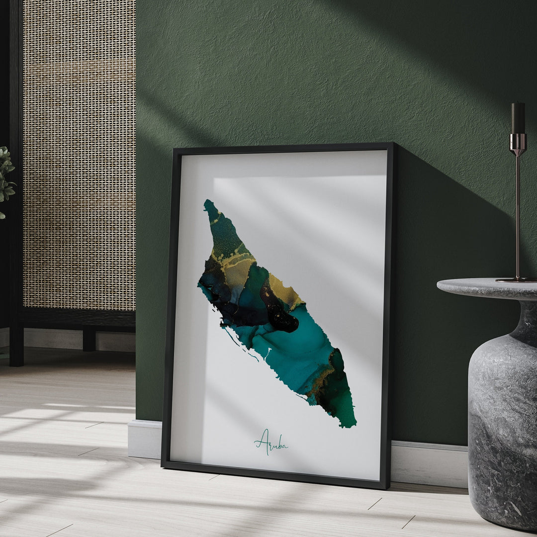 Aruba Map Emerald Green and Gold Wall Art Print