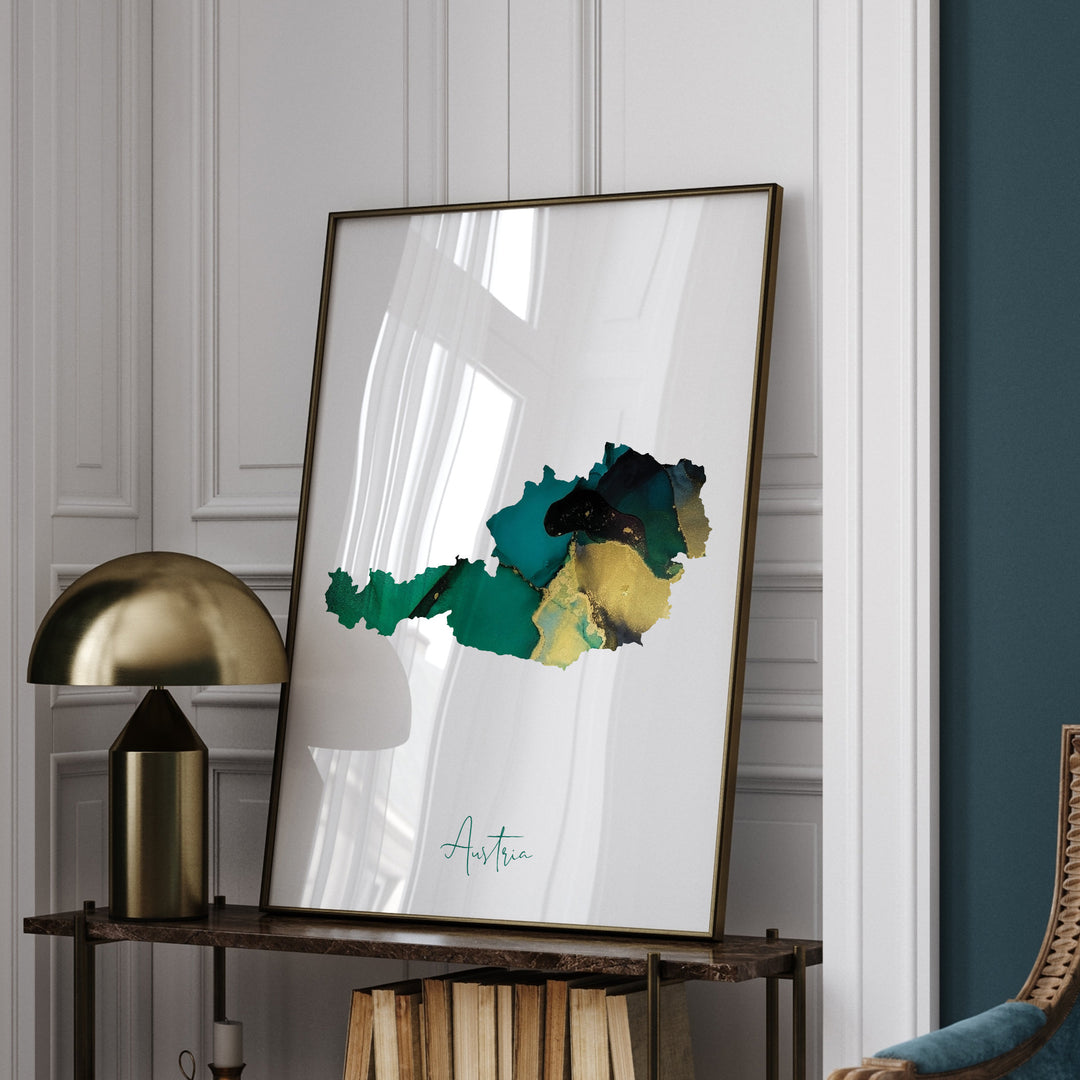 Austria Map Emerald Green and Gold Wall Art Print